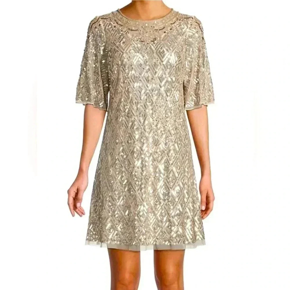 NWT Aidan Mattox Fully Beaded Trapeze Cocktail Dress in Champagne. Size 14 - Picture 3 of 14